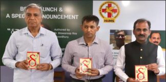 Author Dr. Biswaroop Roy Chowdhury(2nd from left), Guru Manish(3rd from left), a famous Ayurveda expert & a senior allopathic doctor, unveiling Dr Chowdhury's latest book 'δ72' 'Delta to the power of 72’